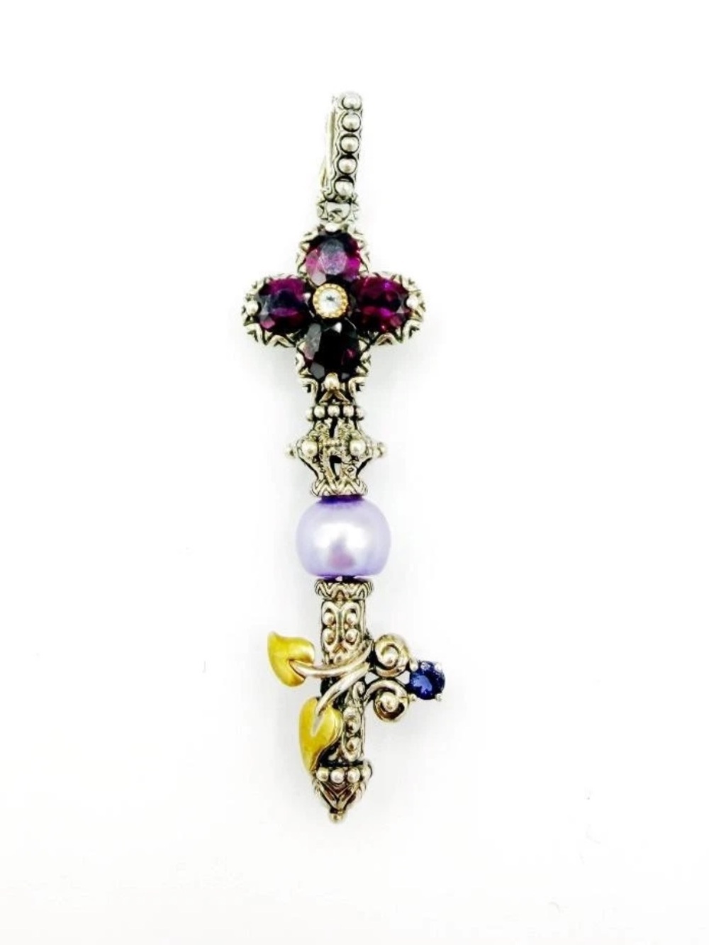 Barbara Bixby 925 Sterling Silver 18k Gold Cross Garnet Pearl Pendant Enhancer